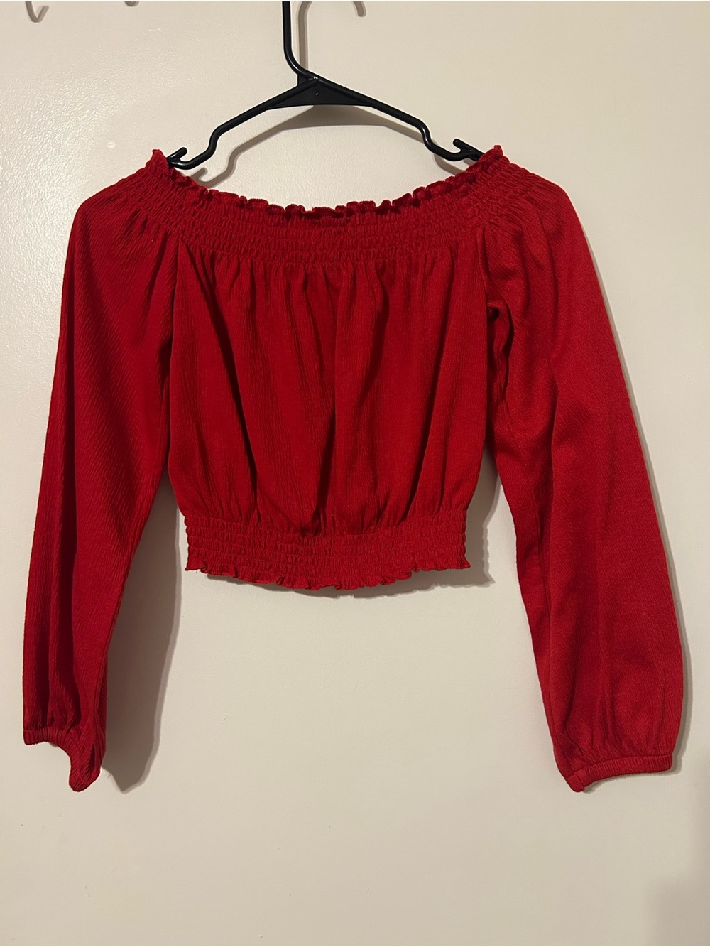 H&M Red Off-the-Shoulder Smocked Crop Top